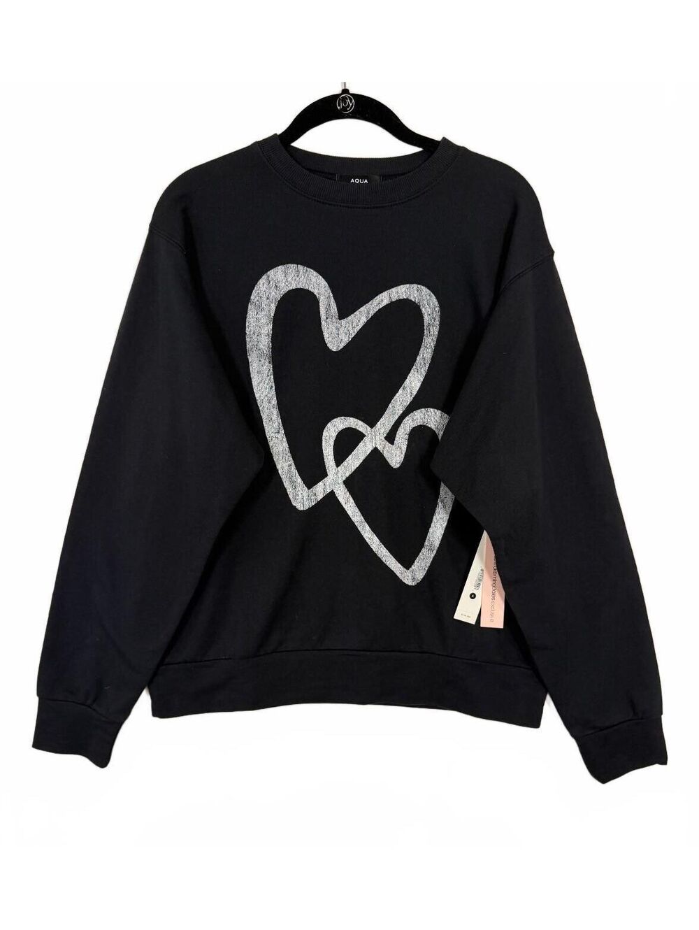AQUA Exclusive Double Heart Graphic Crewneck Sweatshirt Black NWT Size Small